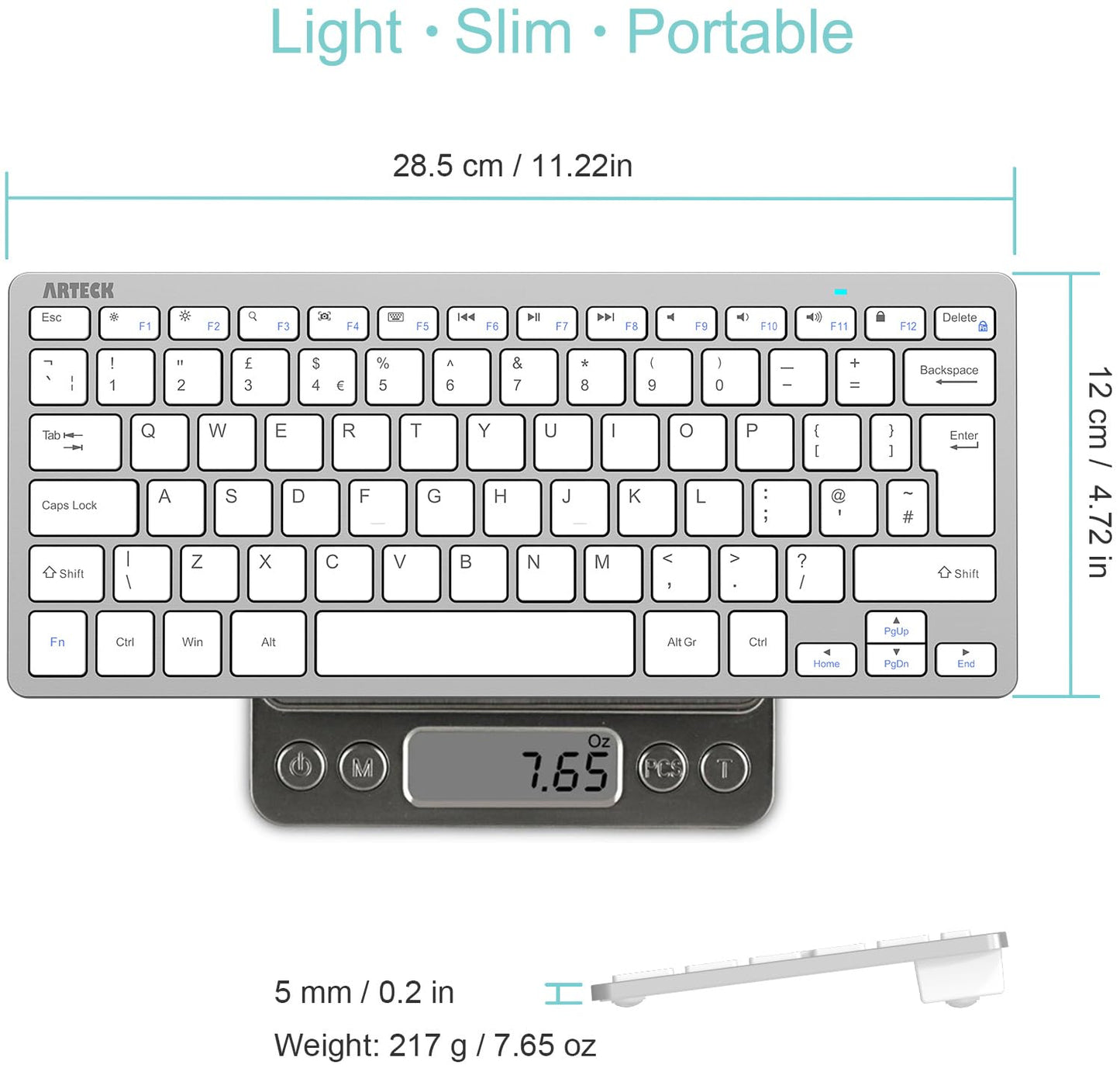 Arteck Ultra-Slim Bluetooth Keyboard Compatible with iPad 10.2-inch/Air/ 9.7-inch/Pro/Mini, iPhone and Other Bluetooth Enabled Devices Including iOS, Android, Windows, Silver