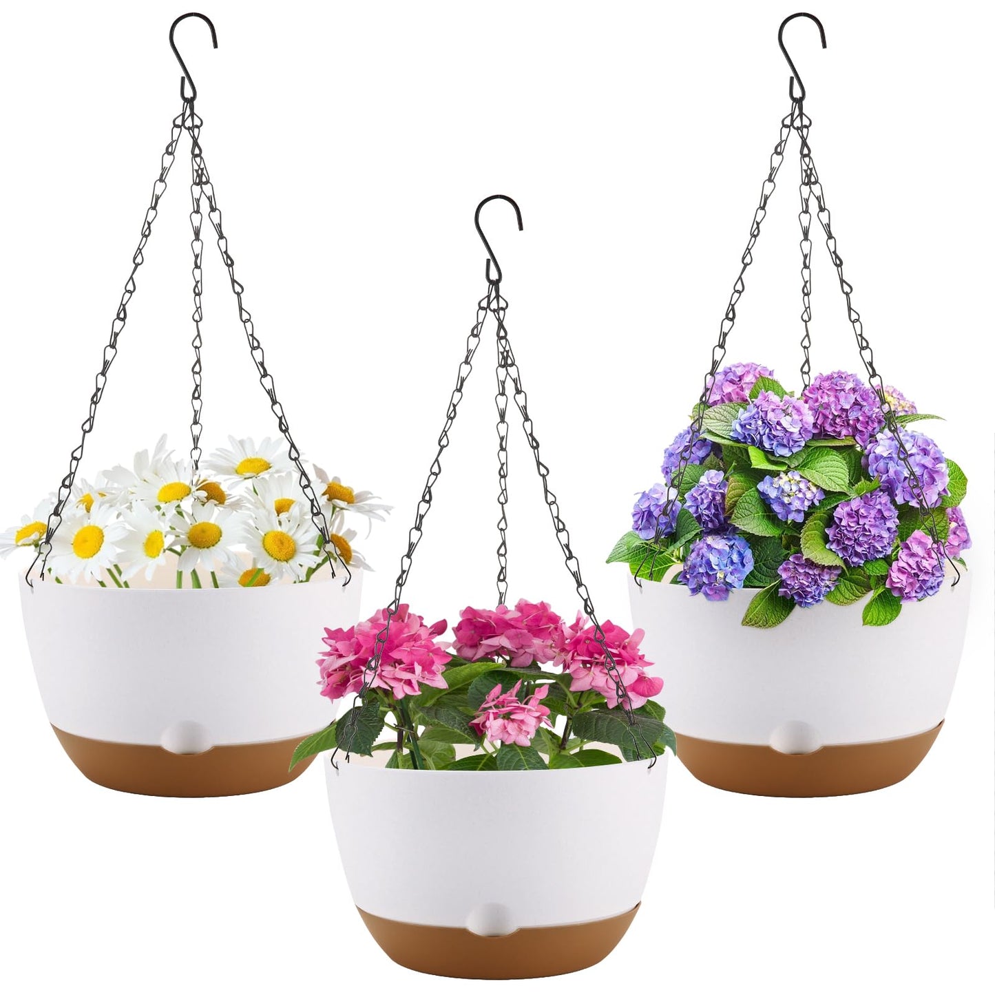 Dovesail 8.3 Inch Hanging Planter, 3 Pack Hanging Plastic Plant Self Watering Pot with Drainage Holes and Saucers, Hanging Baskets Flower Pots for Indoor Outdoor Garden Plants and Flowers-White