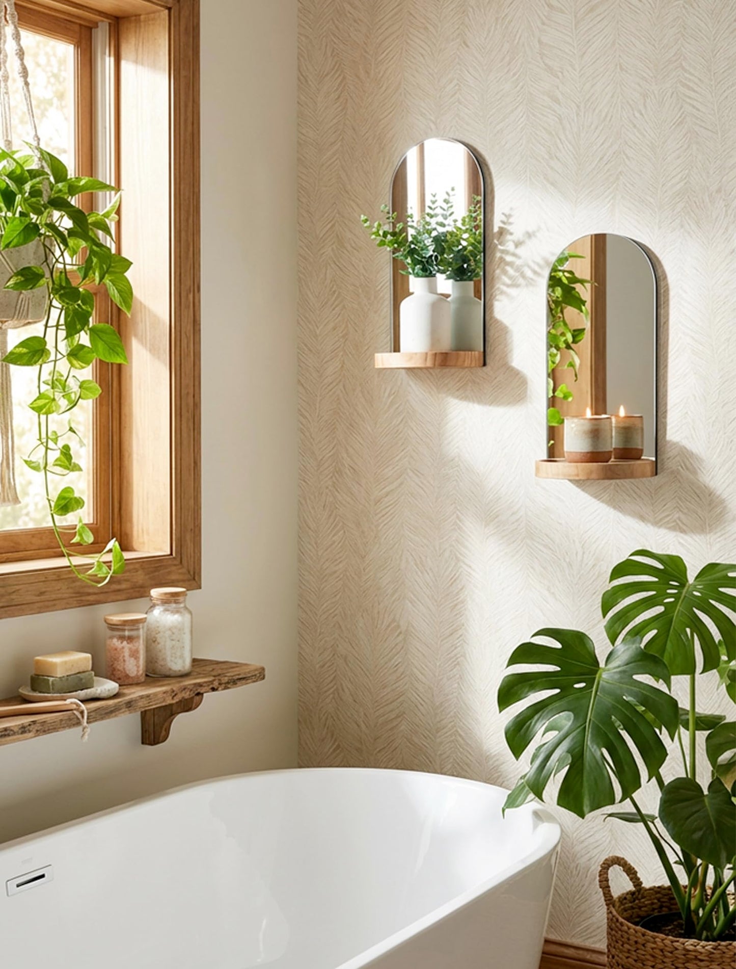 Walasis Wall Candle Holder Set of 2: Arch Mirror Candle Sconces Boho Wall Decor for Livingroom Entryway - Nature Wood Bohemian Candle Sconces Display Shelf with Ledge for Vase Candles