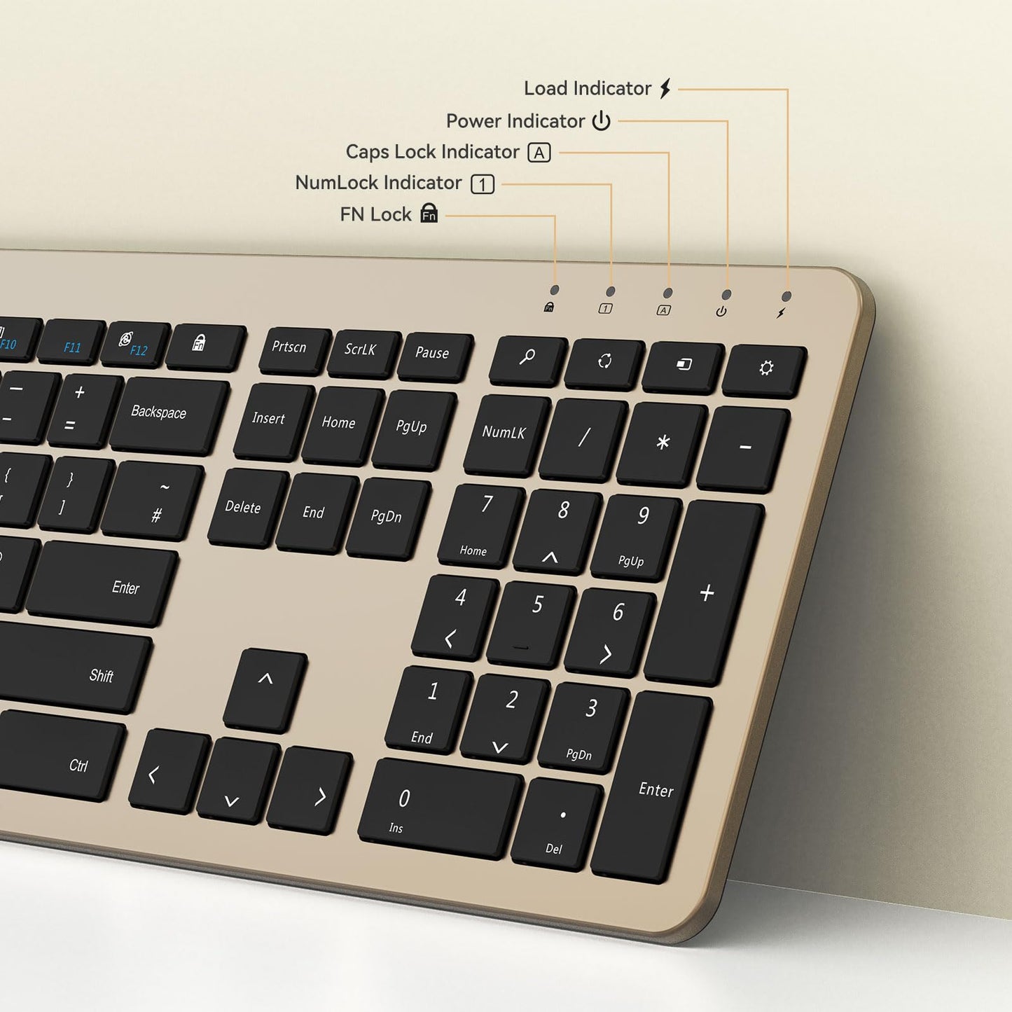 seenda Wireless Keyboard and Mouse Set, SK38 Ultra Slim Quiet USB Wireless Keyboard and Mouse Full Size QWERTY UK Layout with Numeric Keypad for Windows PC, Laptop, Computer, Black and Gold