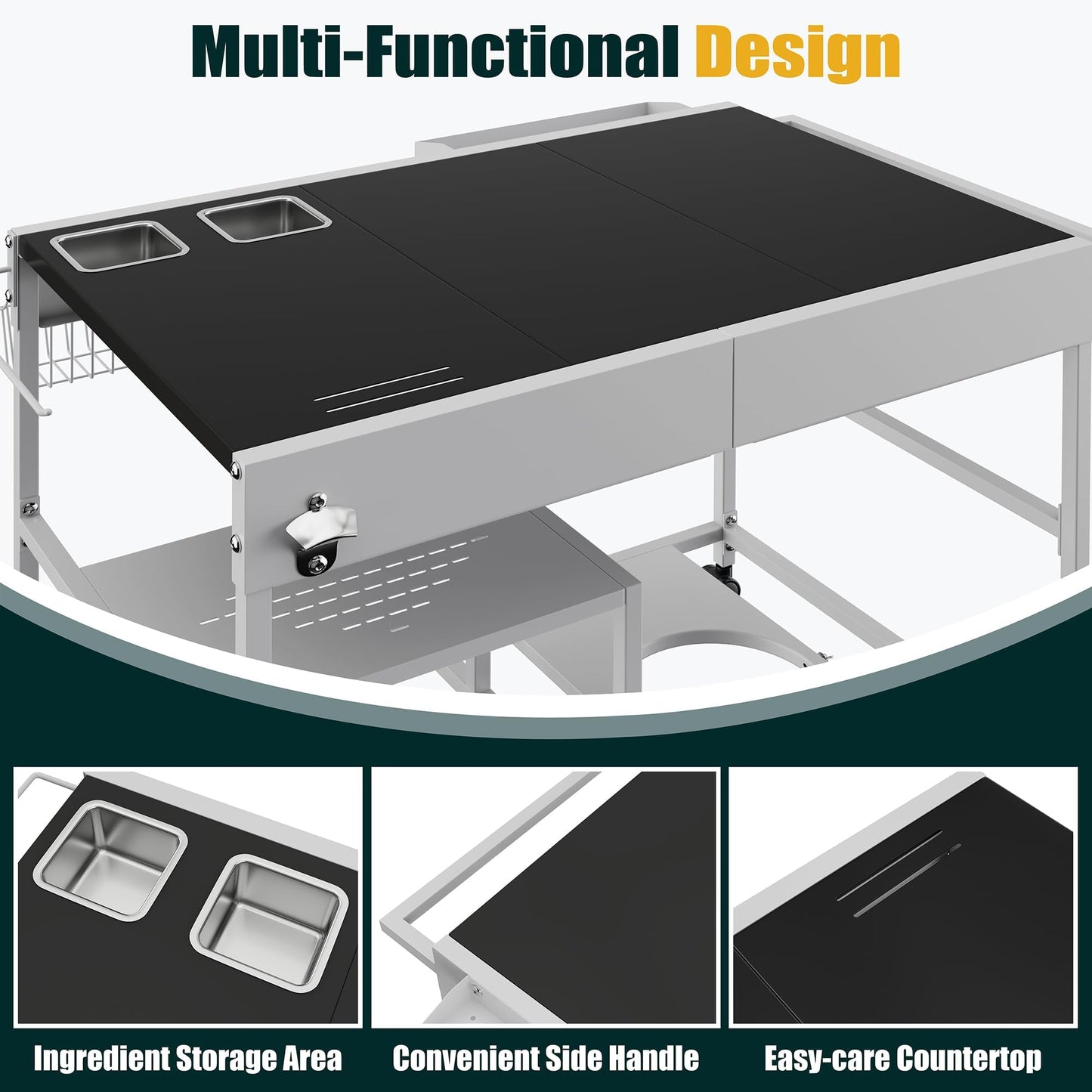 Shintenchi Pizza Oven Cart Table with Topping Station and Wheels, Outdoor Tabletop Grill Table Stand, Movable Food Prep Workcart Fits for Ninja Blackstone Woodfire Grill