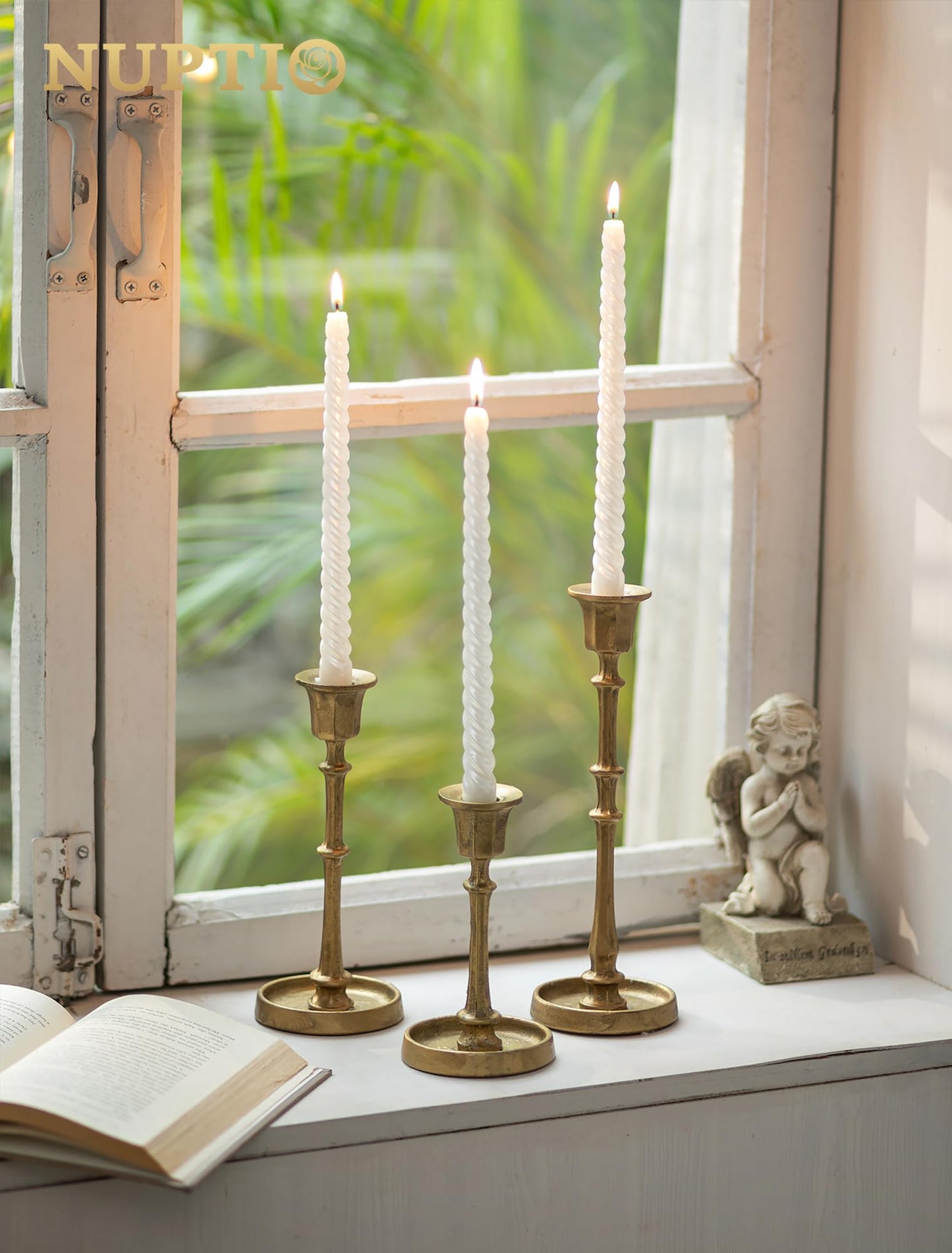NUPTIO Cast Iron Candlestick Holders: Antique Brass Taper Candle Holders with Unique Drip Wax Aesthetics - Set of 3 Gold Candle Sticks Holder Fireplace Mantel Decor