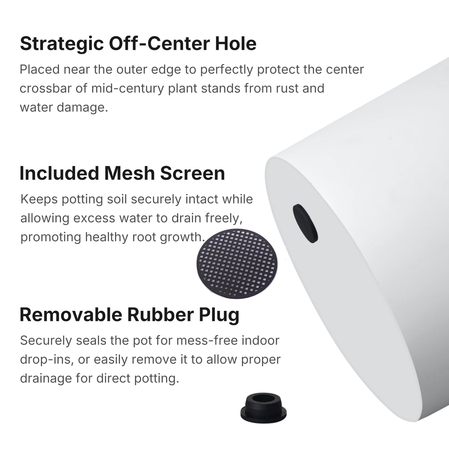 FaithLand 10 Inch Fiberstone Planter - Lightweight Modern Cylinder Plant Pot with Drainage Hole & Plug, Indoor Outdoor Use, Matte White