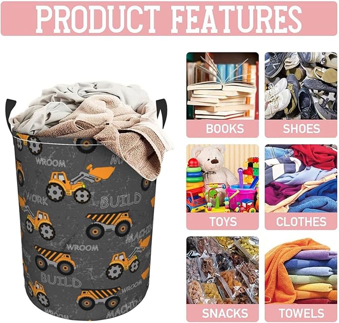 Cute Excavator Engineering Vehicle Laundry Hamper Bag
