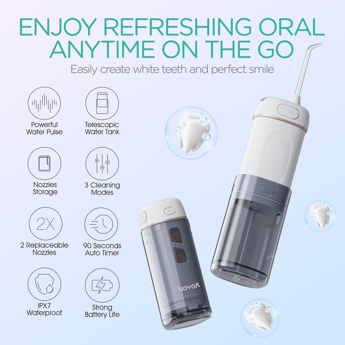 VOYOR-HEALTH Portable Water Flosser Cordless, Mini Travel Oral Irrigator with Telescopic Water Tank, IPX7 Waterproof Water Dental Flosser for Teeth Cleaning Braces & Dental Care WF510 (Light Green)