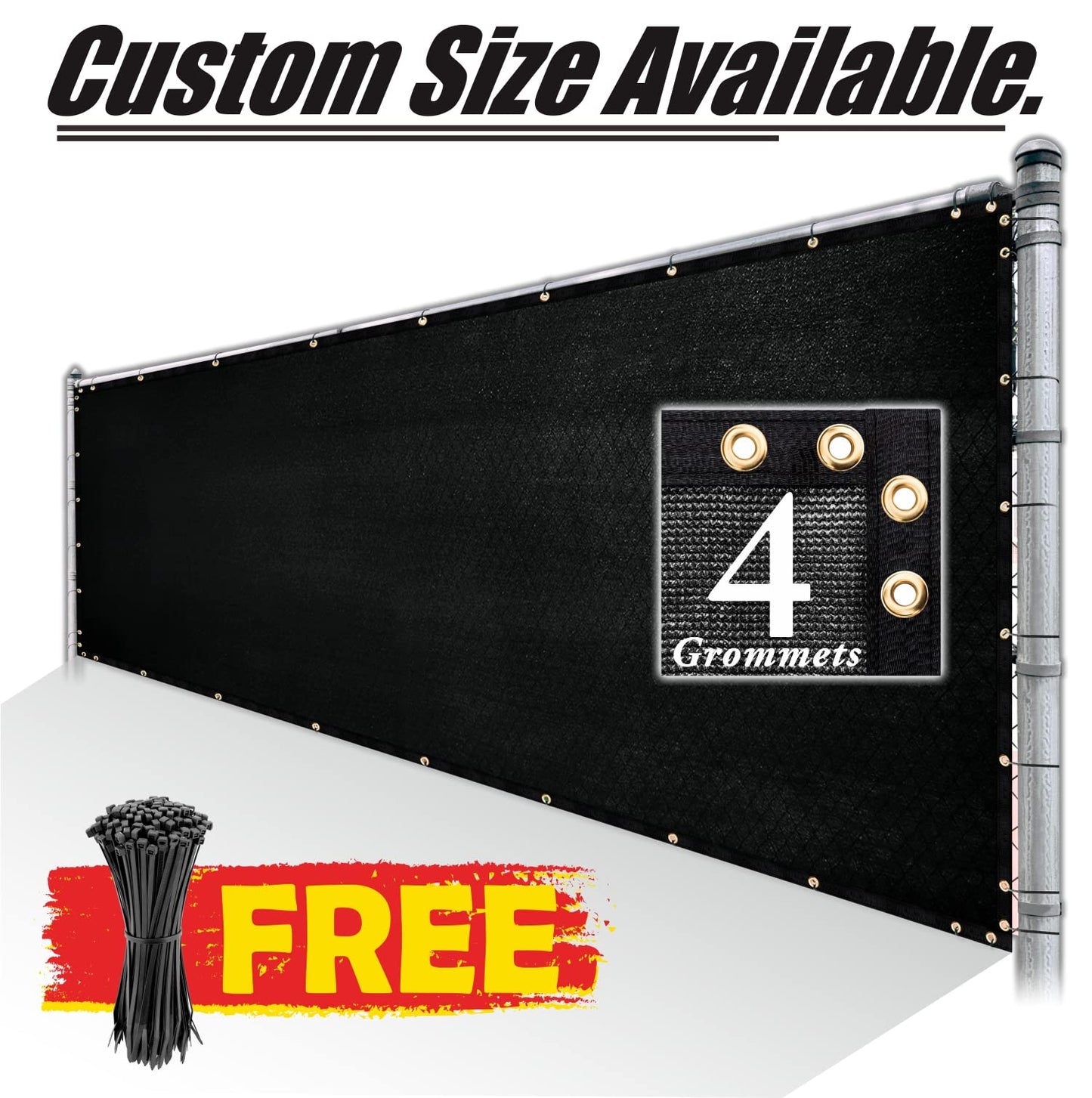 Royal Shade 4' x 12' Black Fence Privacy Screen Windscreen Cover Netting Mesh Fabric Cloth - Cable Zip Ties Included (We Make Custom Size)