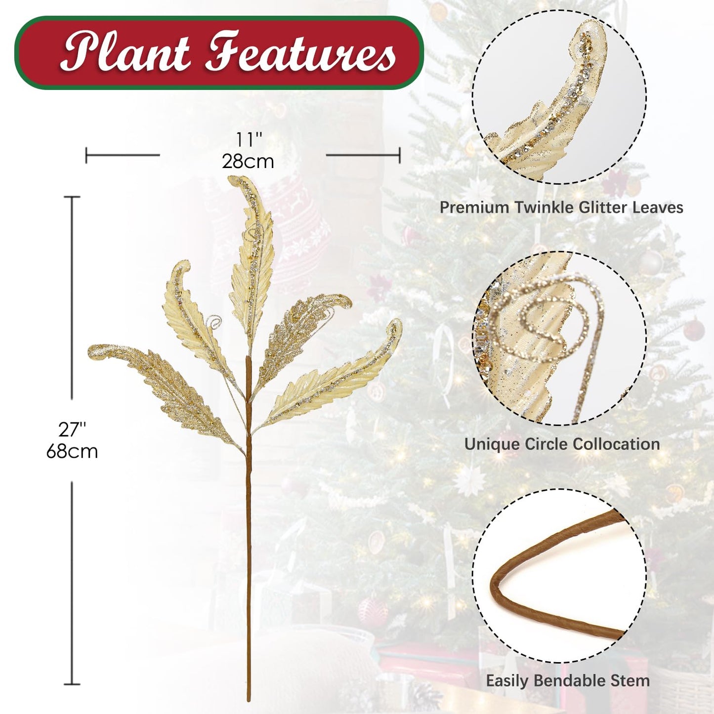 GnFlus 3 Pcs Christmas Glitter Leaves Large 27 Inch Artificial Glittered Leaf Picks and Spray Stems Ornament for Tree Wedding DIY Xmas Wreath Garland Floral Arrangement Home Decor - Gold