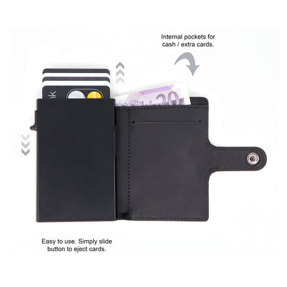 Stealth Wallet - Smart Minimalist Card Holders - RFID/NFC Blocking Pop Up Wallets with Gift Box - Credit Cards Holder & Contactless Protection (Black with Black Crazy Horse Leather and Coin Pocket)