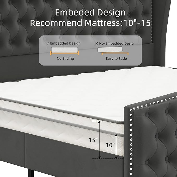 BRELTAM Upholstered Queen Size Bed Frame Velvet Tufted Platform Bed Frame