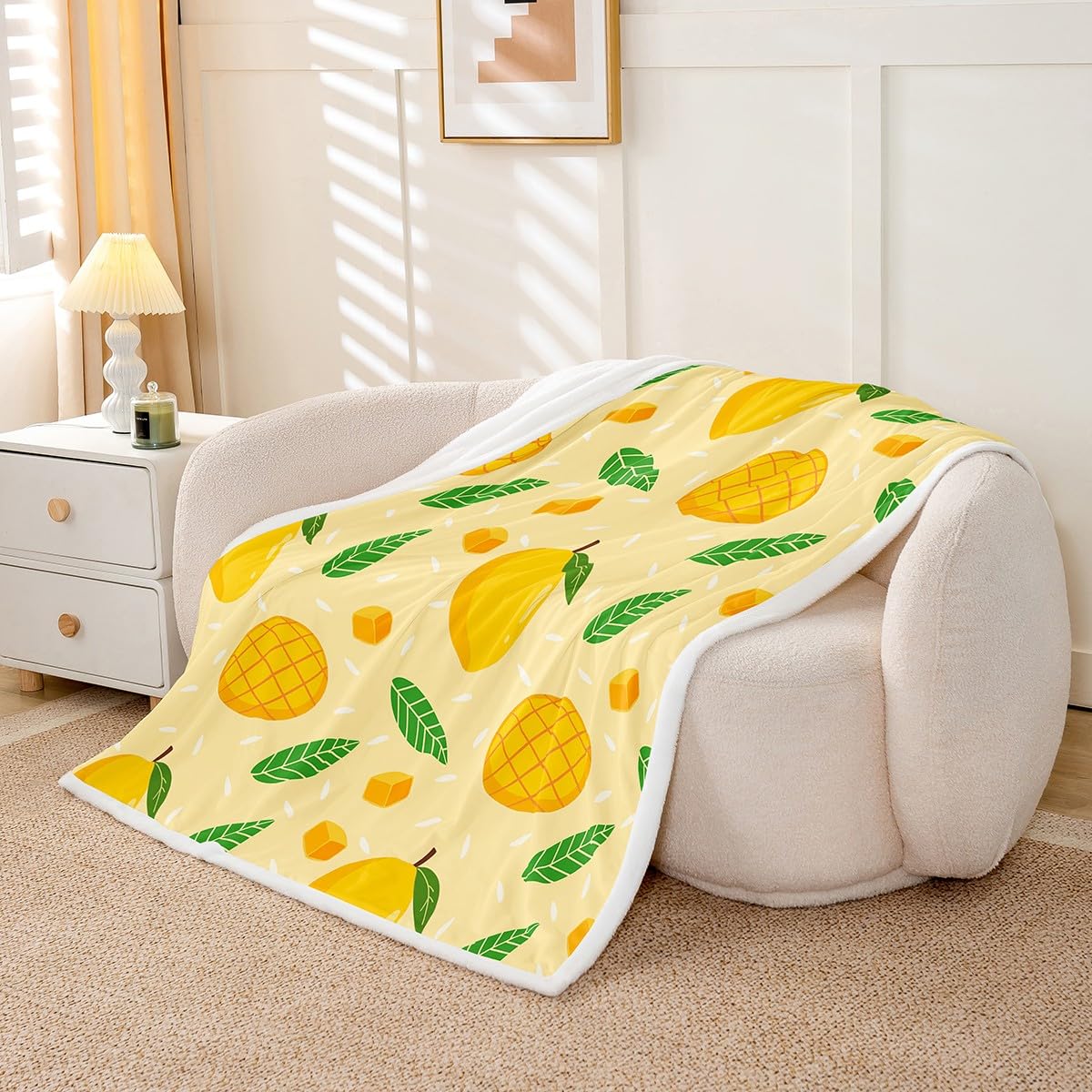 Feelyou Cartoon Mango Fleece Throw Blanket - Sweet Fruit Sherpa for Kids, Boys & Girls - Tropical Fruit Plush, Botanical Leaves Fuzzy Blanket for Sofa, Bed, Couch - Orange, Baby - 30x40 Inches