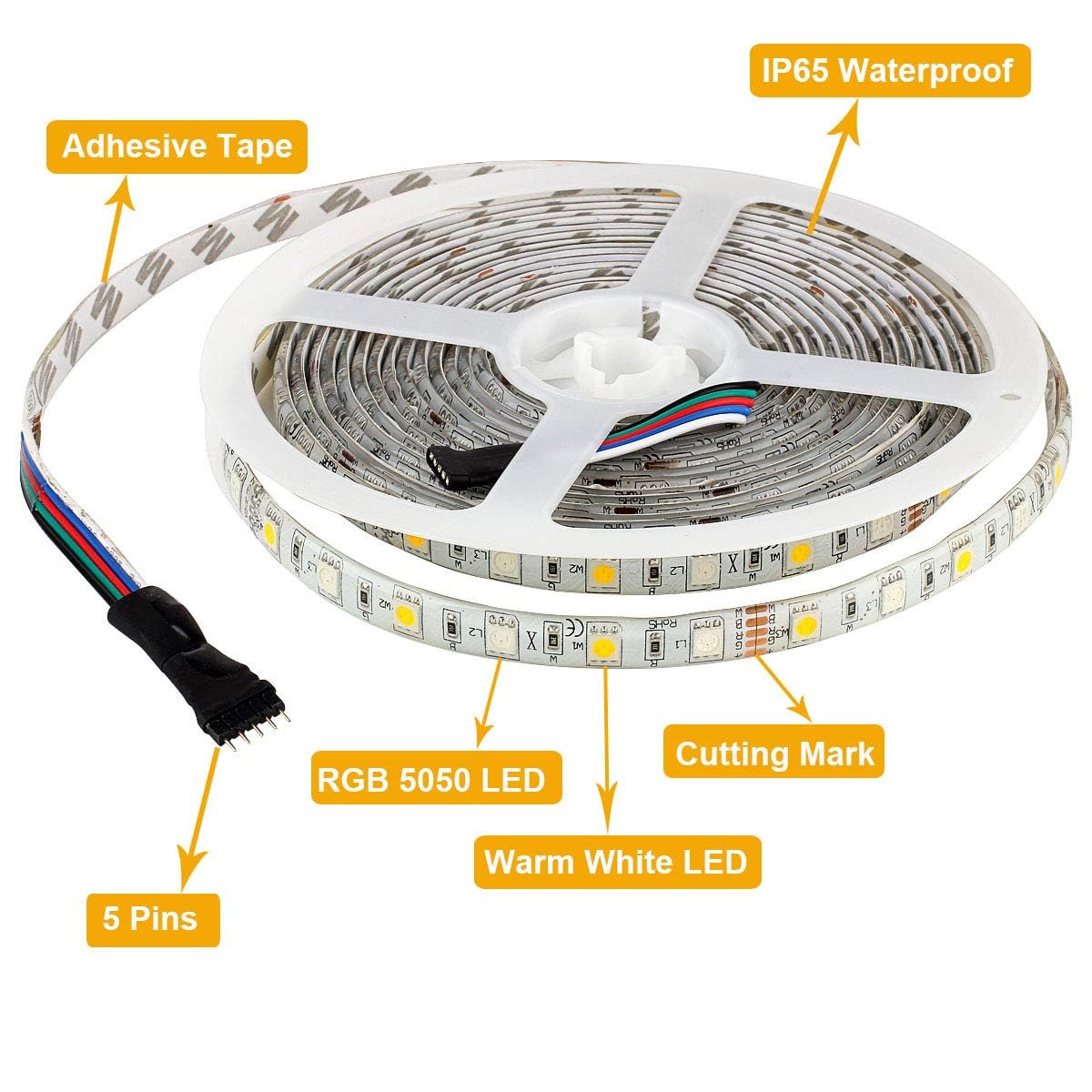 SUPERNIGHT RGBWW LED Strip Light IP65 Waterproof RGB Color Changing Rope Lighting with Warm White 3500K Color 16.4ft 300leds 5050 Tape Light (RGB + Warm White)