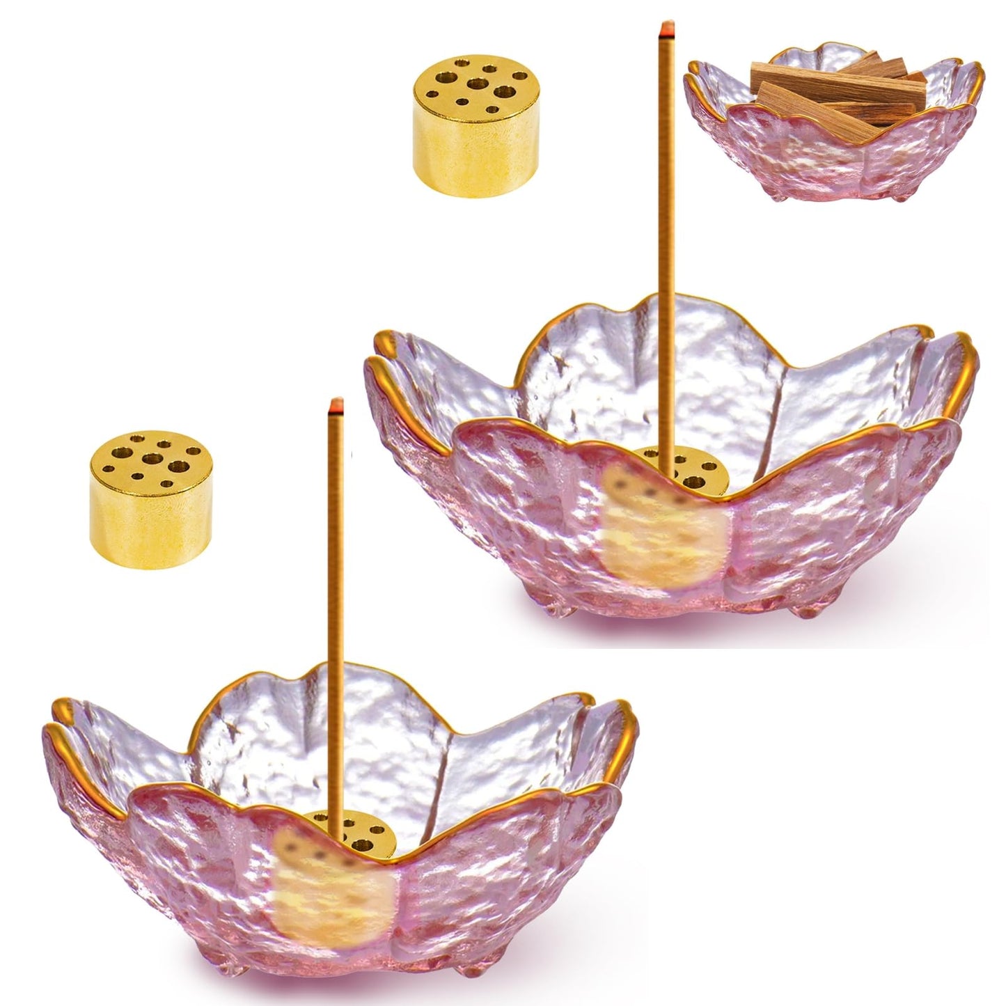 2 Set Handmade Glass Cherry Blossom Backflow and Stick Incense Holder with 9 Holes & Ash Catcher for Meditation, Yoga, Home & SPA Decor (2PCS - with Gilt-Edged)