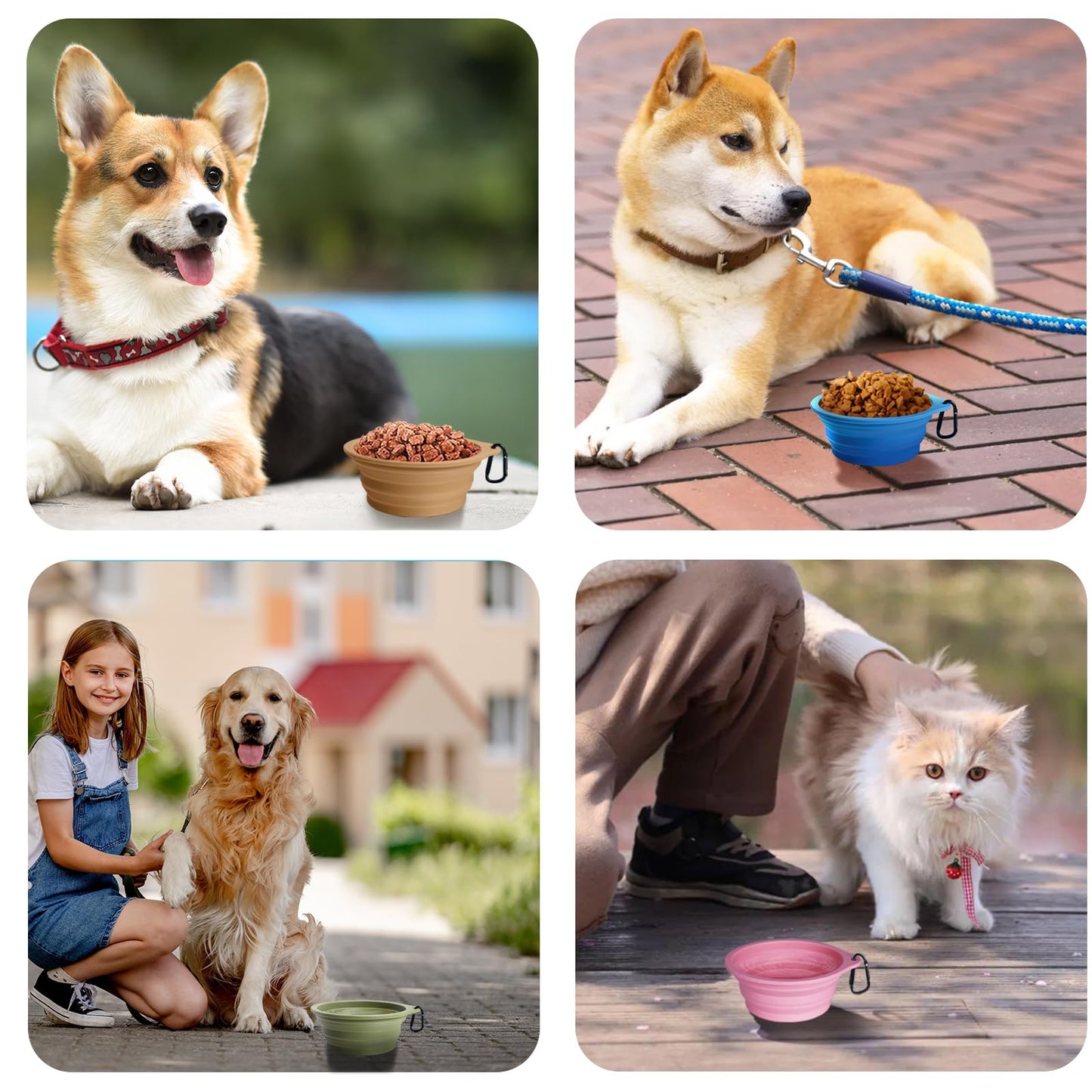 PetBonus 2-Pack Silicone Collapsible Dog Bowls, BPA Free Dishwasher Safe, Portable Foldable Expandable Travel Bowl, Food Water Feeding Cup Dish for Dogs Cats with 2 Carabiners (Turquoise, Tan)