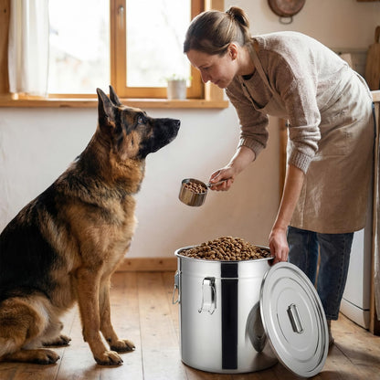 Lounsweer 2 Pack 8.9 Gal Stainless Steel Dog Food Storage Container with Lid and Locking Clamp 33 L Metal Airtight Container Large Stainless Steel Bucket with Food Scoop for Pet Feed