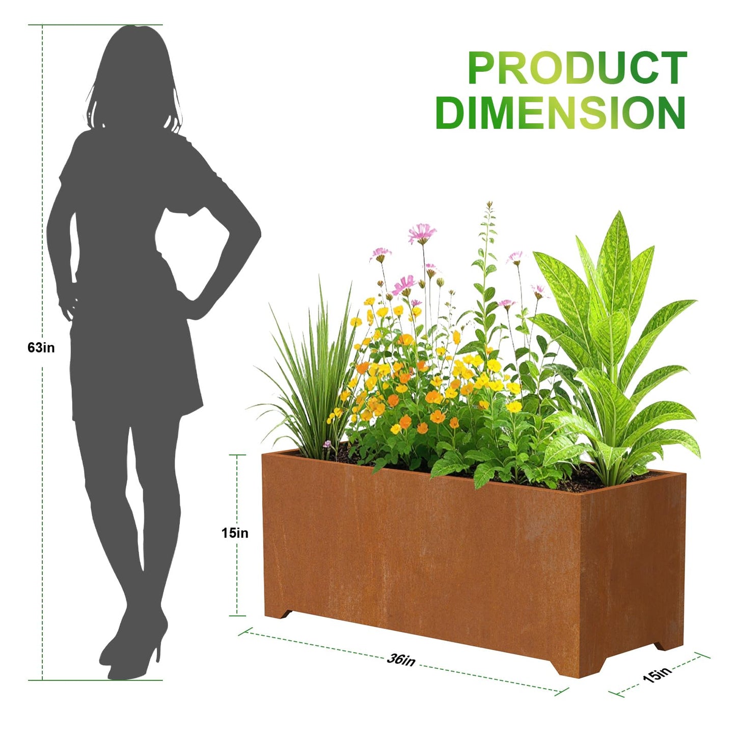 Metal Planter Box, Large Outdoor Rectangle Planters with 6 Drainage Holes & Raised Bottom, Co rten Steel Planter for Patio, Garden, Porch, 36" L x 15" W x 15" H