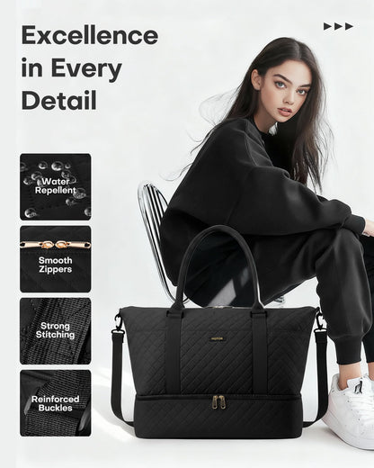 HOTOR Travel Duffel Bag - Weekender Bags for Women, Gym Tote Bags with Shoe Compartment, Carry On Overnight Bag with Toiletry Bag for Travel Essentials and Travel Accessories, Black, 13.4"×17.3"×7.9"