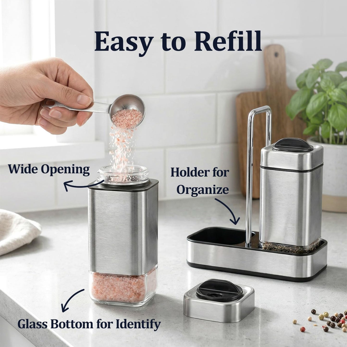 Salt and Pepper Shakers Set with Holder-Stainless Steel Salt Shaker with Adjustable Pour Holes-Set of 2 by Aelga
