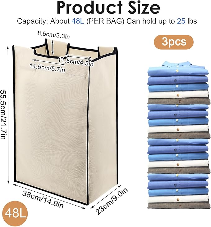 3 Pack Large Laundry Sorter Replacement Bags, 600D Oxford Cloth, Waterproof