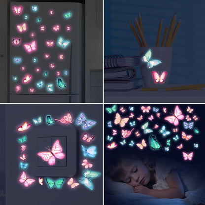 128 Stickers/6 Pieces Wall Decals for Girls Bedroom,Glow in the Dark Stickers,Butterfly Wall Decals - Blue & Pink Glowing Decor for Bedroom, Party Decor, Kids Room,Living Room(Detachable)