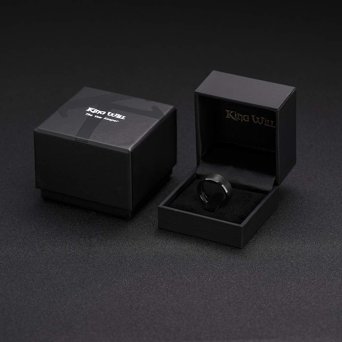 King Will 7mm Men's Black Wedding Ring - Brushed Matte Surface, Beveled Polished Edge, Comfort Fit Size 14