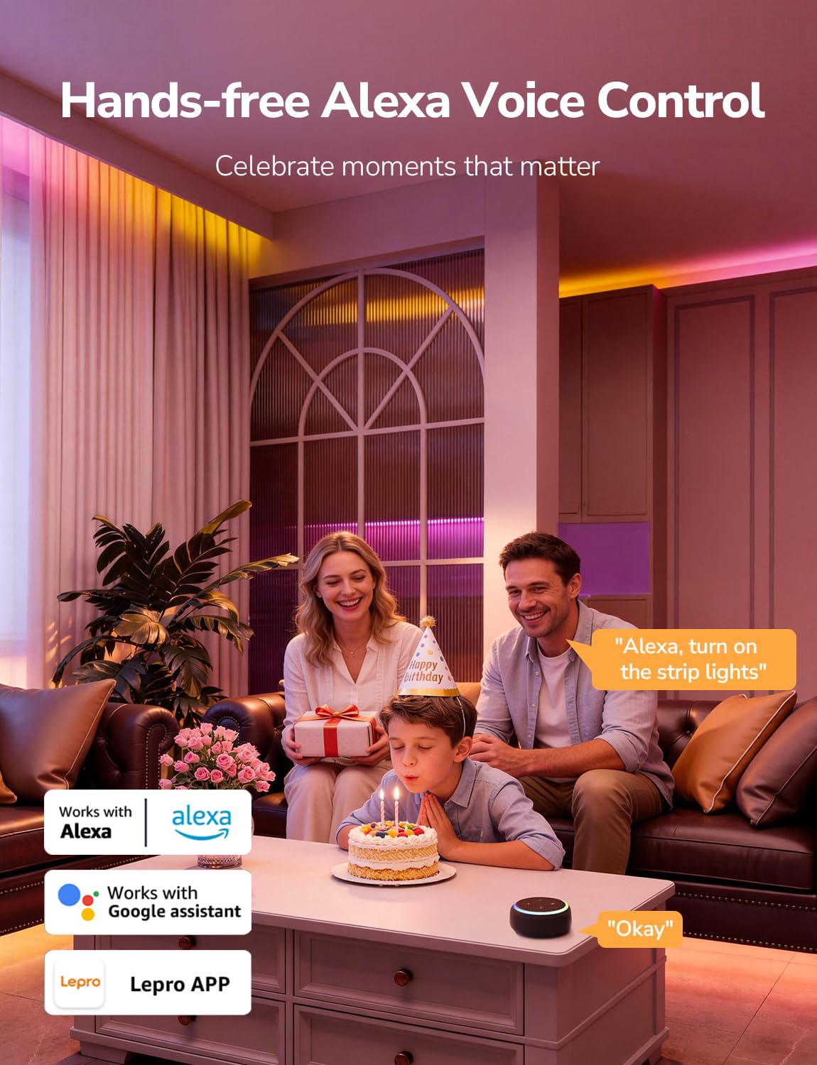 Lepro S1 AI LED Strip Lights for Bedroom - 65.6ft Smart RGB Light Strips with IC and Rainbow Chasing Effects, Color Segment DIY, Personalized Al Lighting Designer, No Remote, 2.4G Wi-Fi & Bluetooth