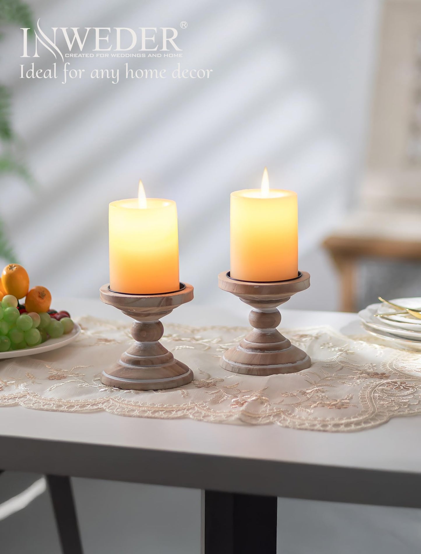 Inweder Wood Pillar Candle Holder: 2Pcs Rustic White Candle Holders for Pillar Candles Wood Candle Holders Distressed Wooden Farmhouse Candle Holder Large Rustic Candle Holder for Fireplace Table