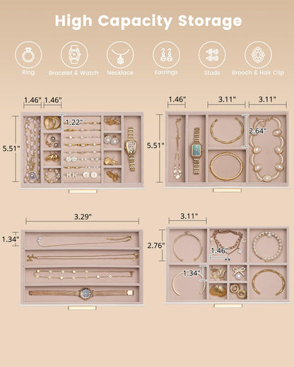 Lolalet Jewelry Box Organizer, 4-Layer Jewelry Organizers and Storage Case with Glass Lid, Ring Earring Bracelet Necklace Holder Organizer, Birthday Valentine Gifts for Women Girls -4Layer, Beige