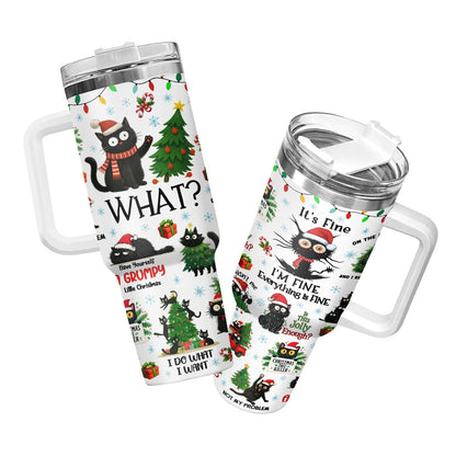 34HD 40oz Funny Christmas Cat Tumbler with Handle – Black Cat Gift, Holiday Travel Mug with Lid & Straw
