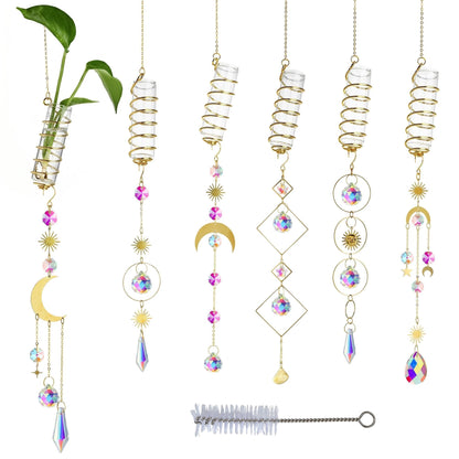 HDCRYSTALGIFTS 6Pcs Crystal Suncatchers with Propagation Stations,Glass Wall Planters for Indoor Plants Hydroponics - Propagation Tubes Jars with Sun Catchers Metal Chain for Home Whimsical Decor