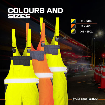 Portwest S488 Men's Hi Vis Bib and Brace Work Overalls Breathable Contrast Rain Dungarees - Waterproof Windproof Reflective Tape Adjustable Fit Multi Utility Pockets, Orange/Navy, L