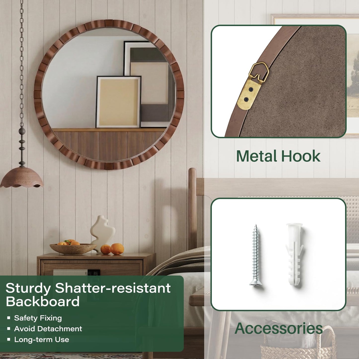 MYOTA Round Wood Wall Mirror - 31.5" Farmhouse Rustic Wall Decorative Mirrors, Wooden Circle Boho Accent Mirror for Living Room, Bedroom, Bathroom, Entryway, Hallway, Fireplace (Walnut)