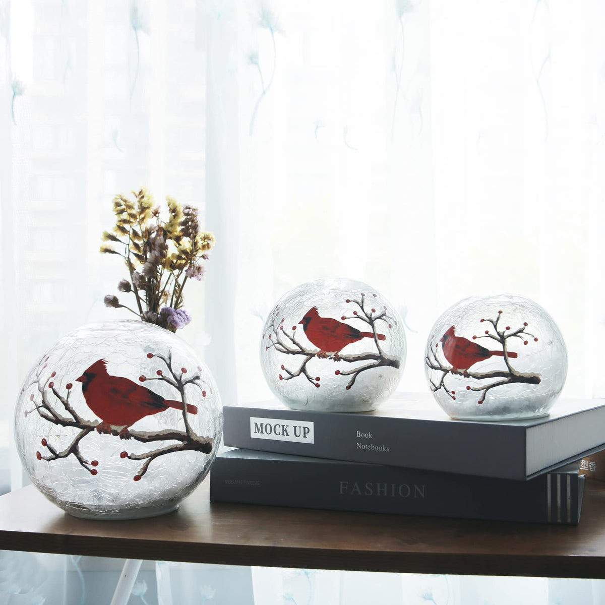 Crackle Glass Ball Cardinal Lamp With Timer - Light Up Red Bird Stained Glass Christmas Decor Accent - Orb Night Light LED Sphere Desk Globe Table Lamp