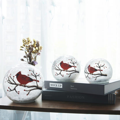 Kaowod Crackle Glass Ball Cardinal Lamp with Timer, Light Up Red Cardinal Stained Glass Christmas Decor Accent Lamp, Lighted Red Bird Globe Table Light, Orb Night Light, Led Sphere Desk Lamp
