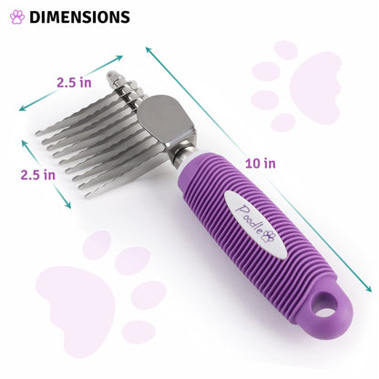 Poodle Pet Dematting Fur Rake Comb Brush Tool with Long 2.5” Steel Safety Blades for Detangling Matted or Knotted Undercoat Hair, Safe Grooming Accessories for Dogs, Longhaired Cats, Rabbits, Horses