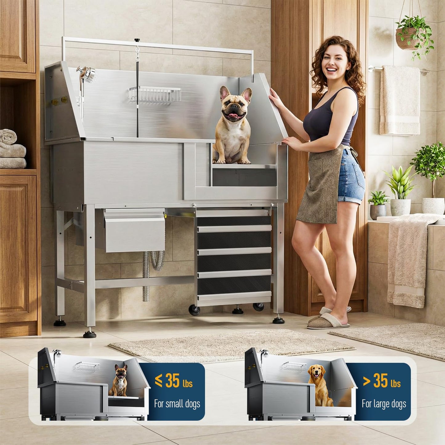 46" Heavy Duty Dog Washing Station - 304 Stainless Steel Pet Bathing Tub with Right Side Ramp, Elevated Grooming Sink with Storage Drawer & Removable Floor Grate, Outdoor Ready for Large & Medium Dogs
