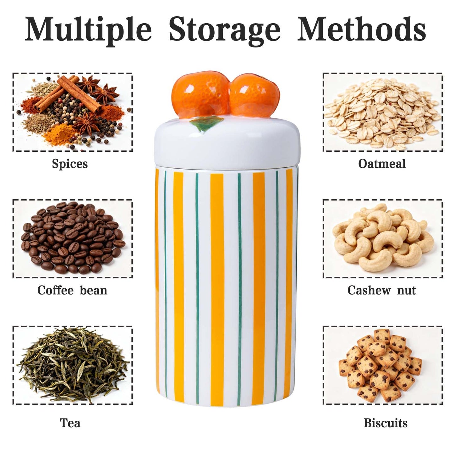 Iryanthos Cookie Jar with Airtight Lid, 9.65" H Ceramic Food Storage Containers for Kitchen Countertop Decor, Personalized Striped Jars with Orange-shaped Lid, For Candy Tea Coffee Spices Nut Honey