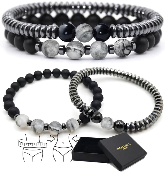 WestLuna Magnetic Bracelets for Women, Magnetic Hematite Bracelet with Black Obsidian, Map Stone. Healing Stone Bracelets for Women Men Lymph Drainage Slimming Energy Bracelet Set (Mapstone, Medium)