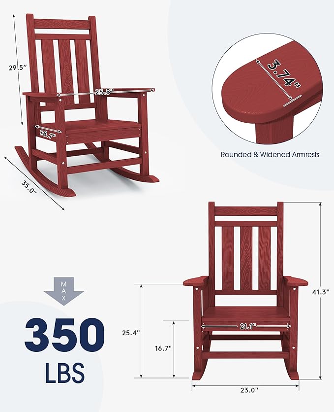 KINGYES Oversized Outdoor Rocking Chair Set of 4, All-Weather Patio Rocking Chairs for Porch, HDPE Outdoor Patio Rockers with High Back & Wide Seat for Garden, Lawn, Red