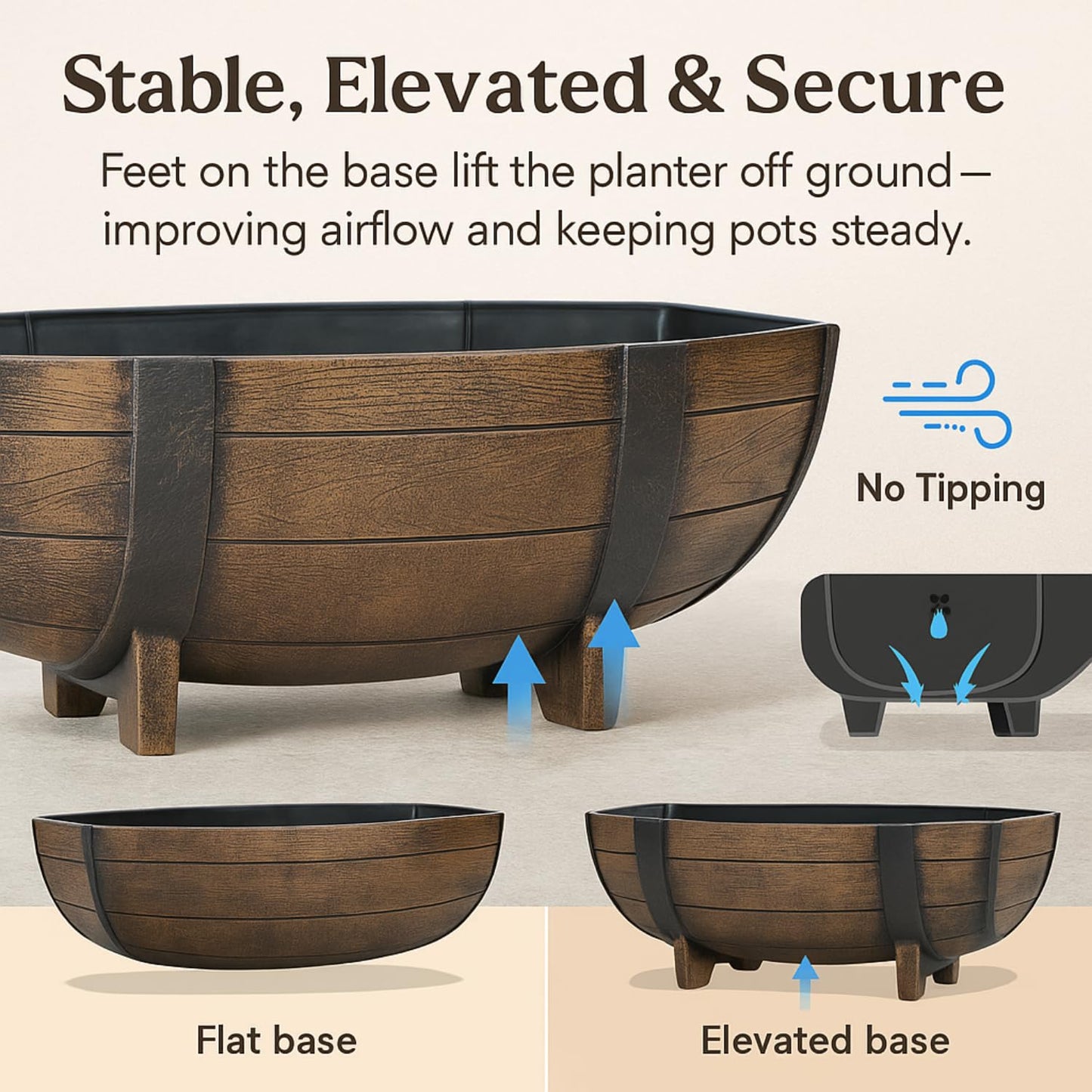 Rustic Half Barrel Planters – Set of 2, Faux Wood Outdoor Flower Pots with Drainage Hole & Feet, Weather-Resistant Polypropylene Garden Containers, 16.25" x 7.5" x 11.75"