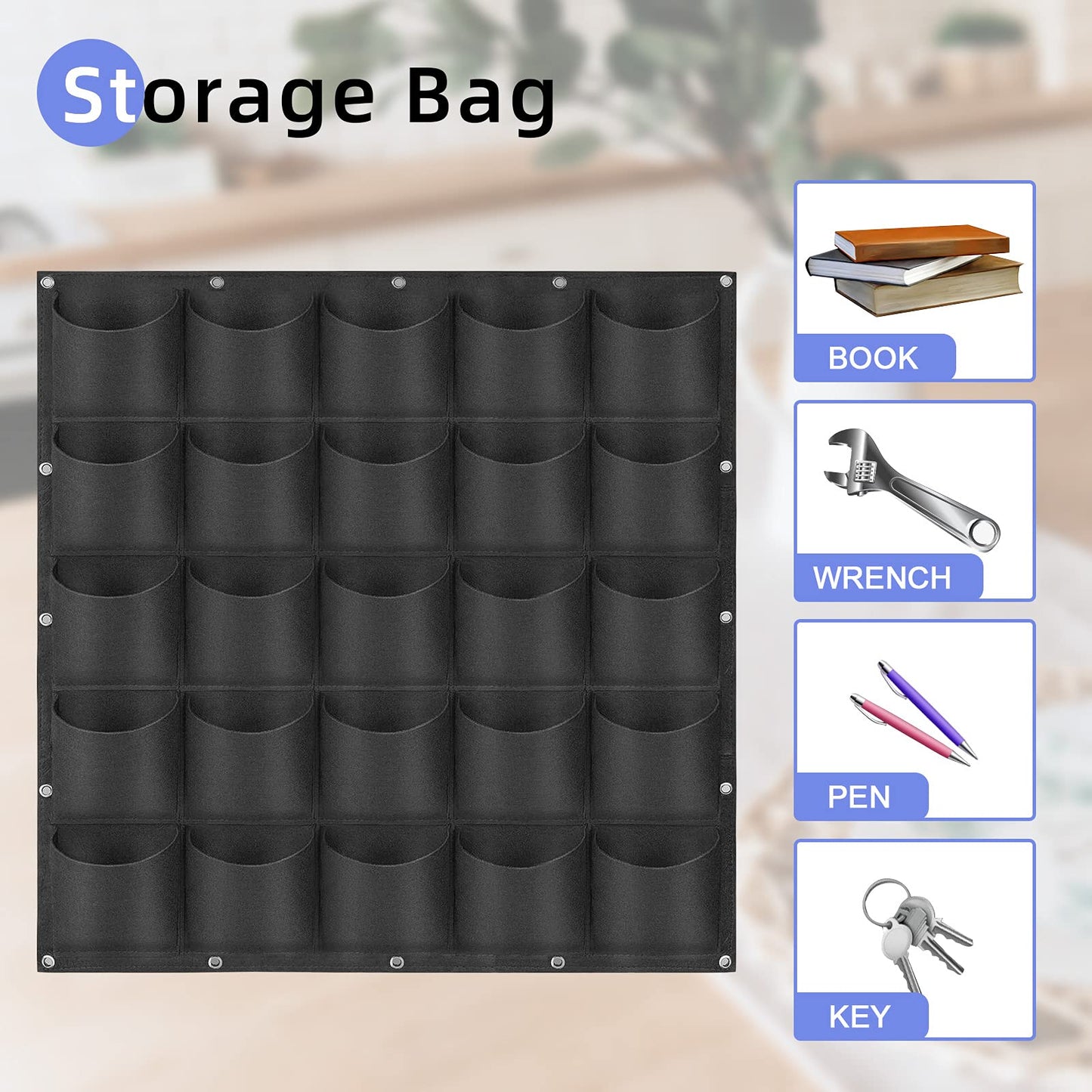 25 Pockets Hanging Planter Bags, Hanging Vertical Wall Mounted Plant Planting Grow Bags, Herb Garden Planter Outdoor Indoor Growing Bag, Gardening Vertical Greening Flower Container(1m×1m, Black)
