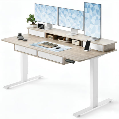 CubiCubi 60" x 30" Standing Desk with Drawers, Height Adjustable Electric Workstation, Computer Sit Stand Up Table with Large Storage Shelf 4 Drawers and 2 Hooks, Light Rustic Brown