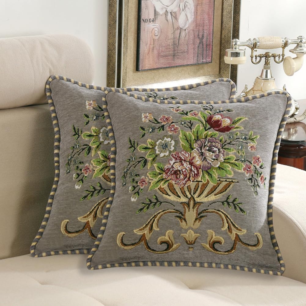 Qupace 2 Pcs Gray Chenille Vintage Embroidered Throw Pillow Covers 18x18in,Grey Tassel Vintage Pattern Pillow Covers, Floral Embroidered Cushions Covers for Sofa Couch Bed Chairs Car
