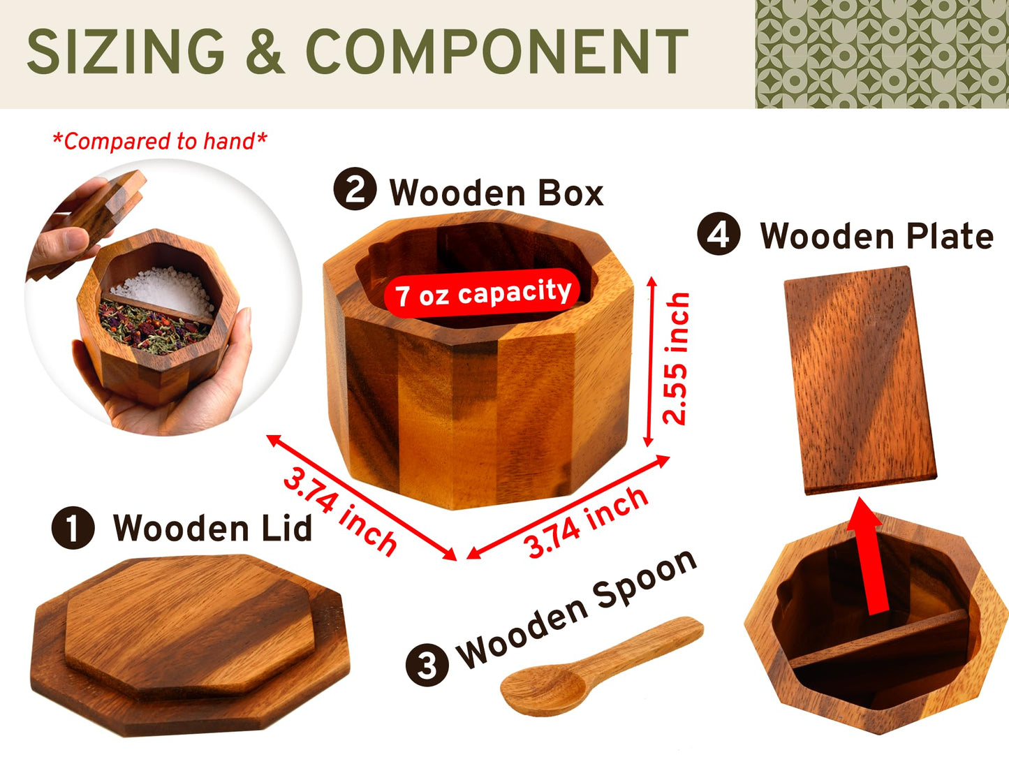 ARANYA Wooden Pepper and Salt Cellar with Lid and Spoon Set Keeper Two Compartments Spice Seasoning Wood 7oz. Container for Countertop Kitchen Storage Sea Salt Box Holder with Anti-Slip Feet Slip