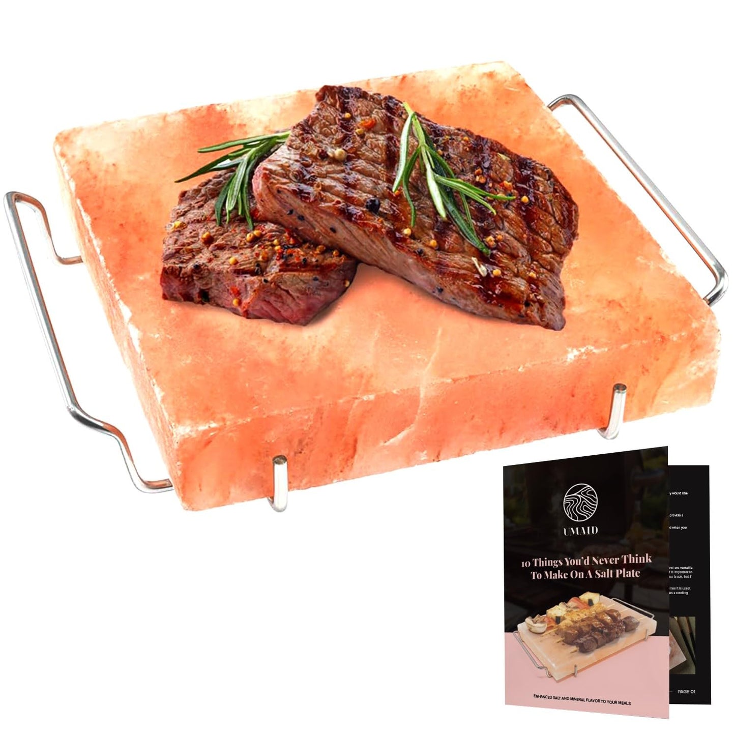 UMAID Himalayan Salt Block Cooking Plate 8x8x1.5 – Food Grade Pink Himalayan Salt Stone for Cooking, Salt Block for Grilling, Serving & Food Presentation – Includes Stainless Steel Tray & Recipe Booklet – Unique Gifts for Men & Dad Gifts for Fathers Day