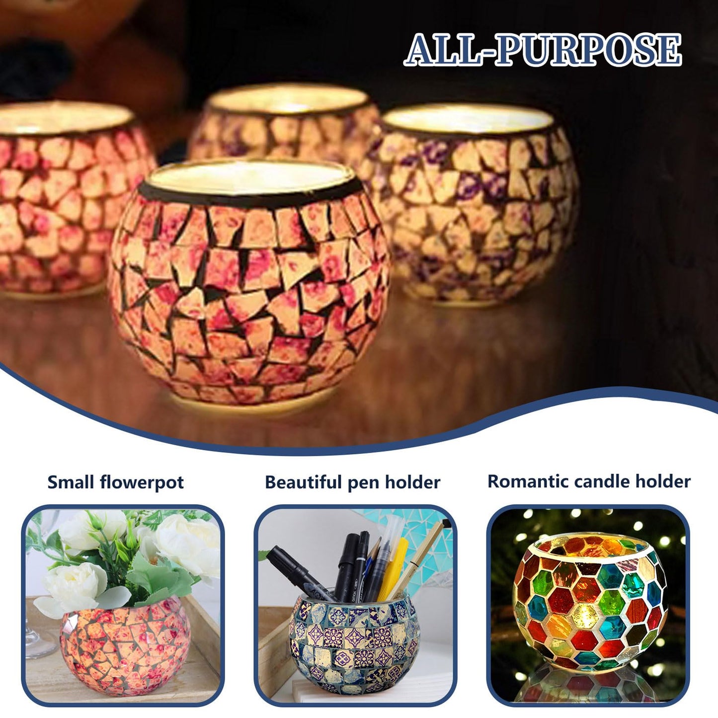 Mosaic Glass Tea Light Holders Romantic Stained Votive Candle Holder, MIATTCLD Round Handmade Tealight Candle Holder for Table Centerpieces, Christmas, Valentine, Birthday Party, Home Decor (M)