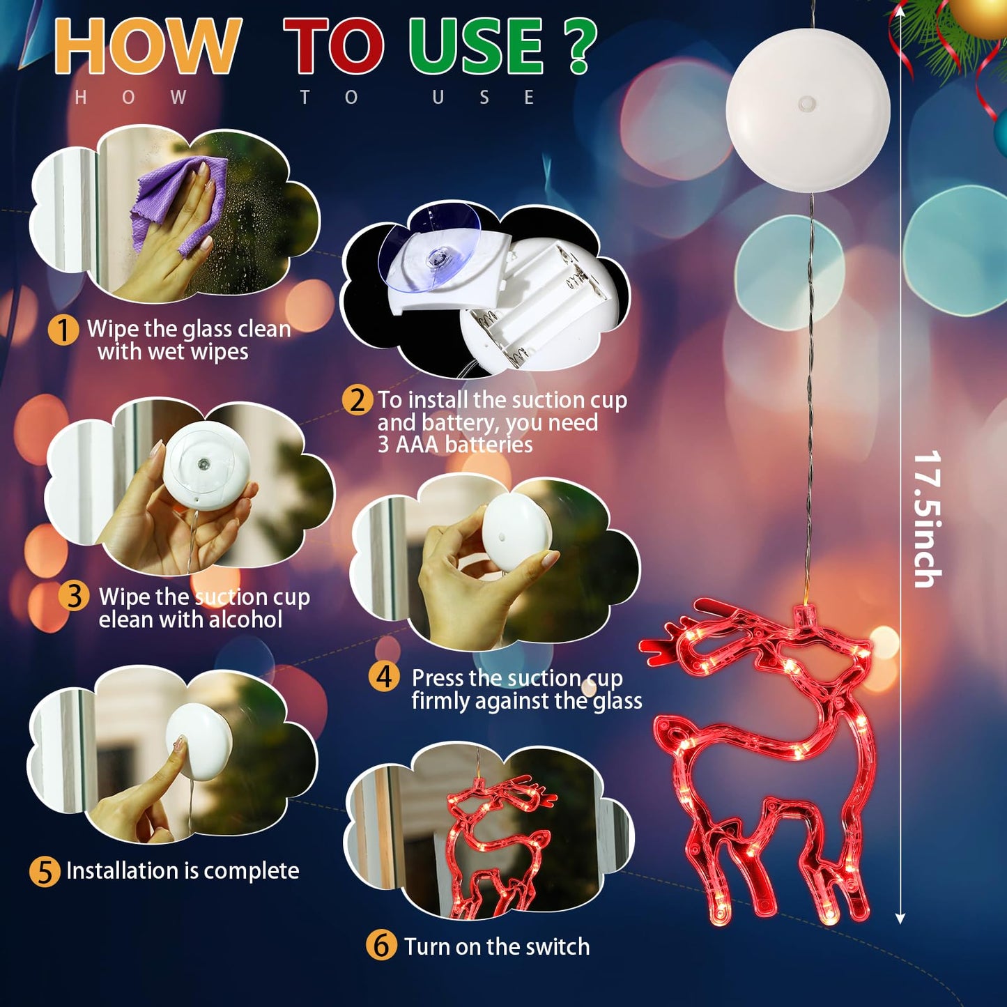 Baquler 6 Pcs Christmas Window Lights Decorations with Suction Cup Battery Operated Christmas Window Hanging Lights Santa Reindeer Snowman Xmas Tree Snowflake Bell for Xmas Tree Fireplace Indoor Decor