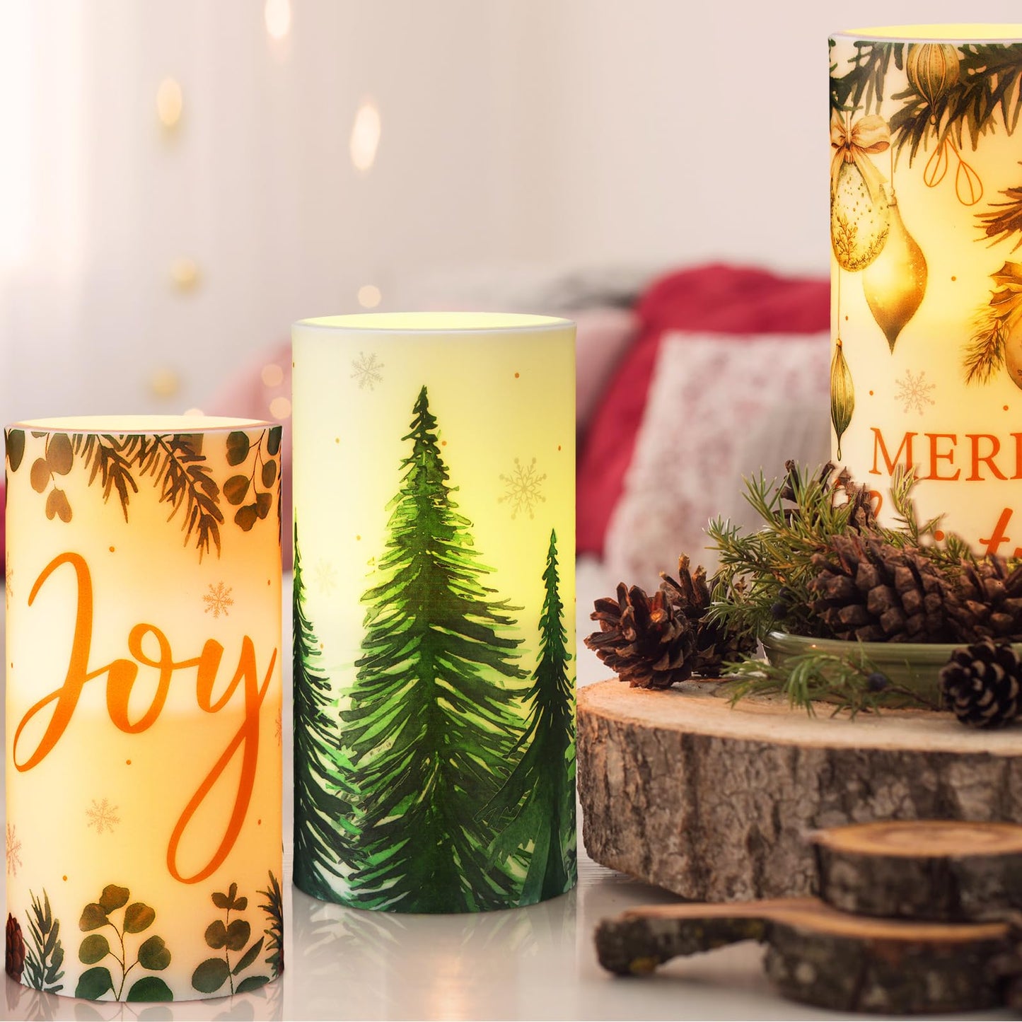 Retisee 3 Pcs Green Christmas Flameless Candles Pine Christmas Battery Operated LED Candles with Remote Green Xmas Decorations Centerpiece for Holiday Bedroom Living Room Xmas Home Decor