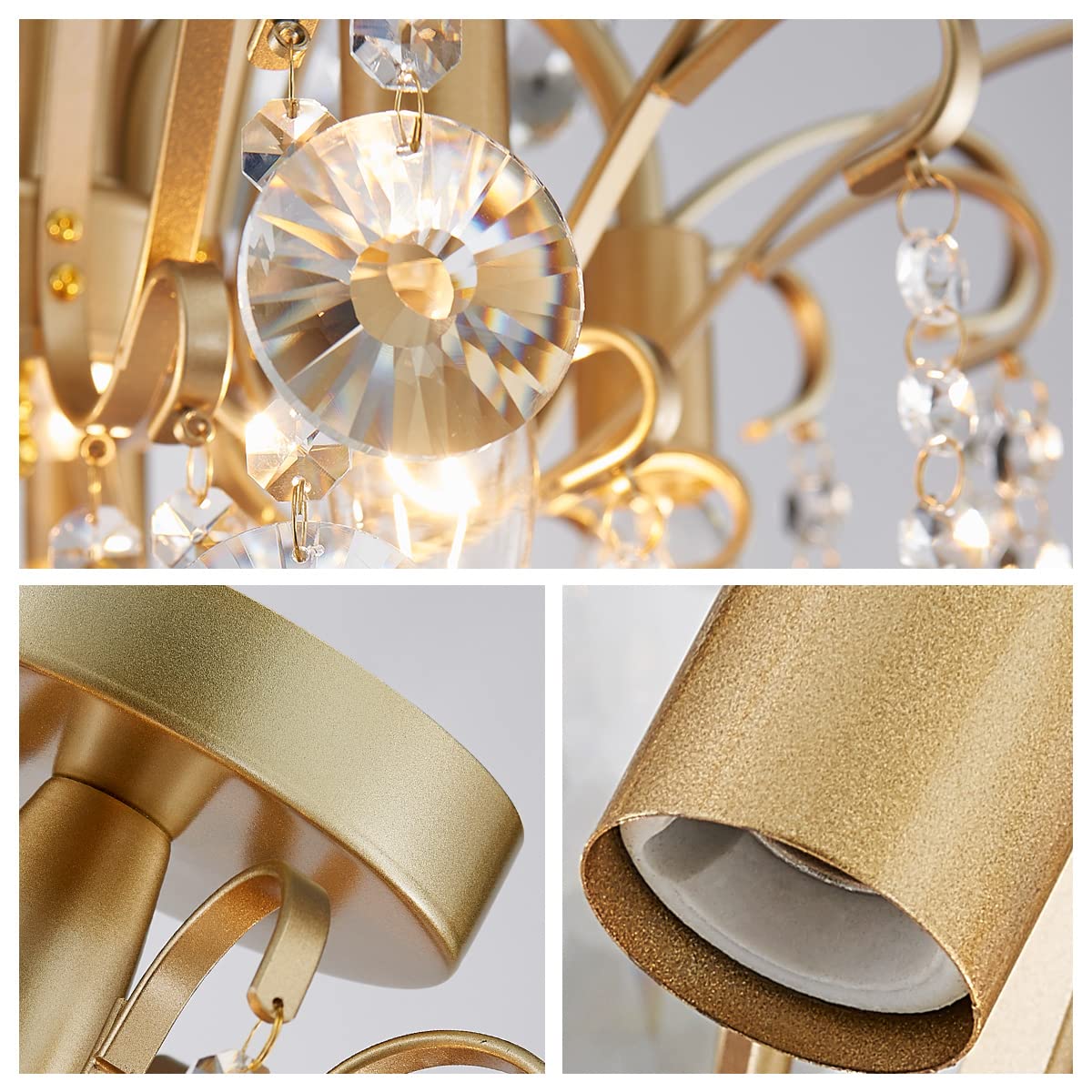 WUZUPS Crystal Chandelier Flushmount Ceiling Light Modern Lighting Fixture for Bedroom Hallway Bar Kitchen Bathroom, H 17.5'' x W 19.3'', E12 Base, Gold