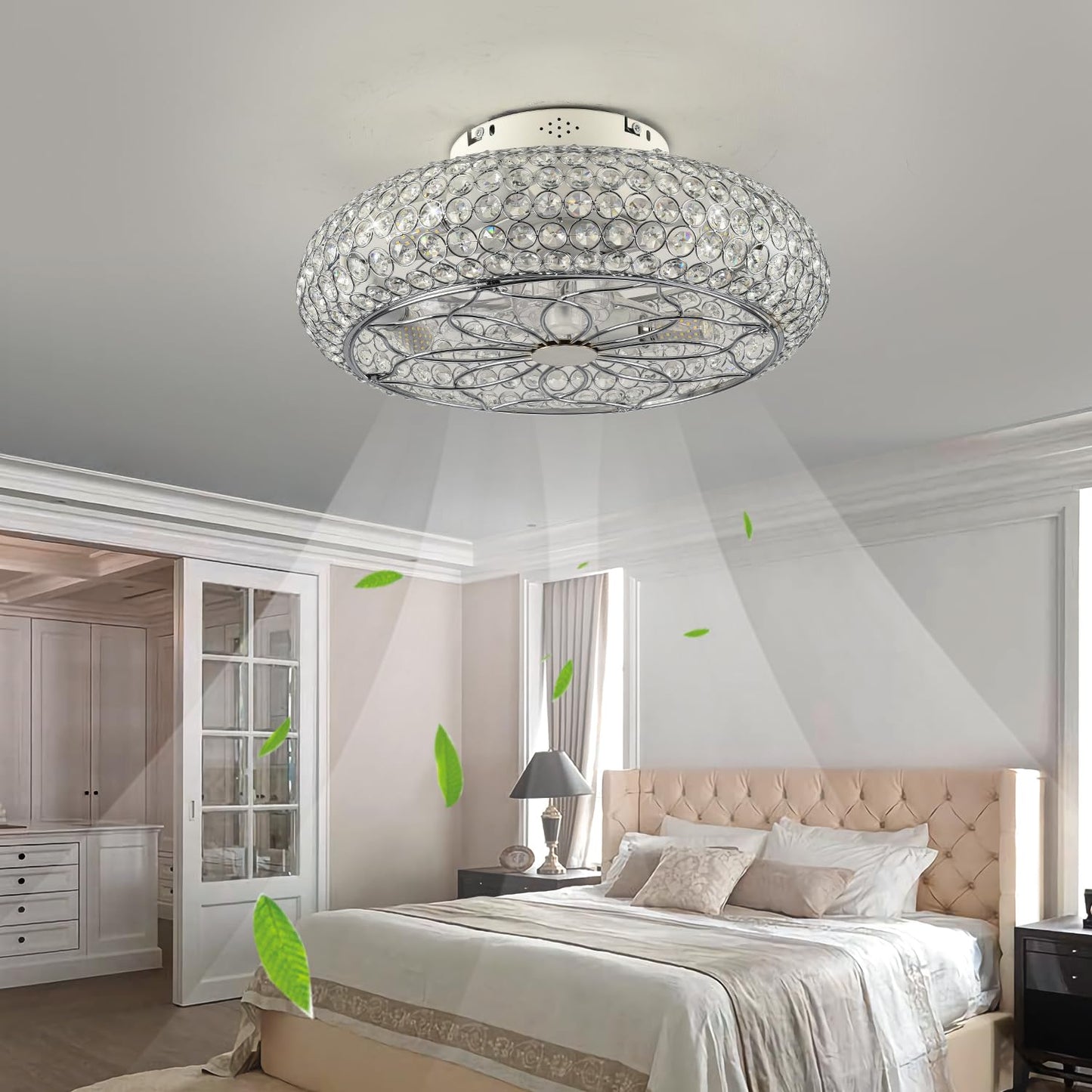 XUDOM Caged Crystal Ceiling Fans with Lights and Remote,20" Flush Mount Low Profile Ceiling Fan with Light,6 Speed Enclosed Ceiling Fan with Reversible Motor for Bedroom Kitchen Living Room