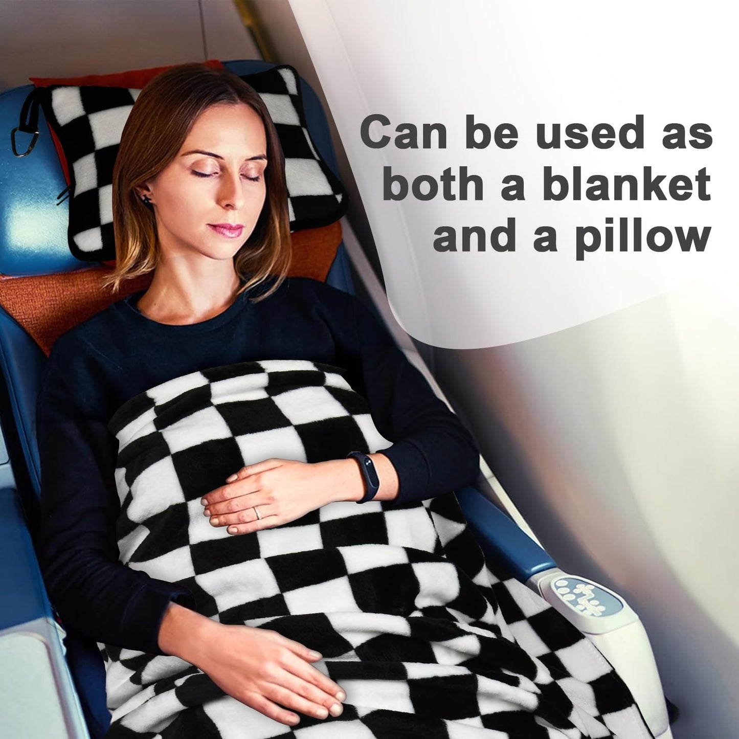 Travel Blanket and Pillow Compact, Premium Soft 2 in 1 Airplane Blanket with Soft Bag Pillowcase，Hand Luggage Sleeve and Backpack Clip (Checkered Black)